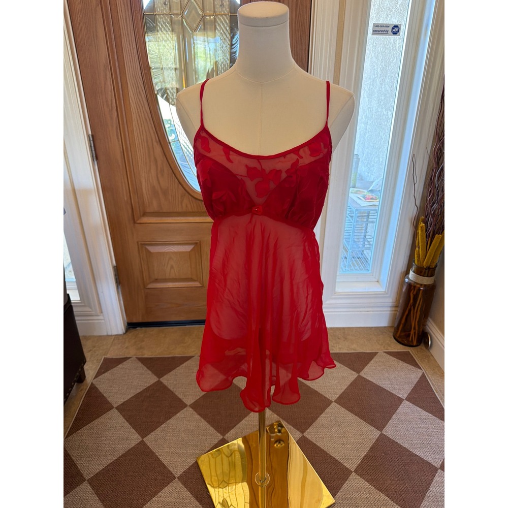 Vintage Delicates Red Sheer Babydoll Chemise Nightgown Floral Rosette Large